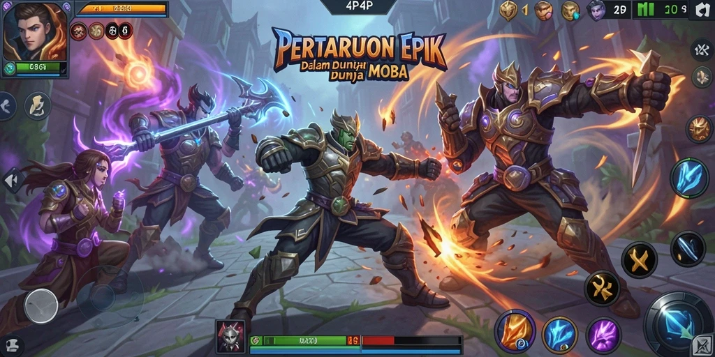 Screenshot gameplay MOBA yang menunjukkan pertarungan tim yang seru.