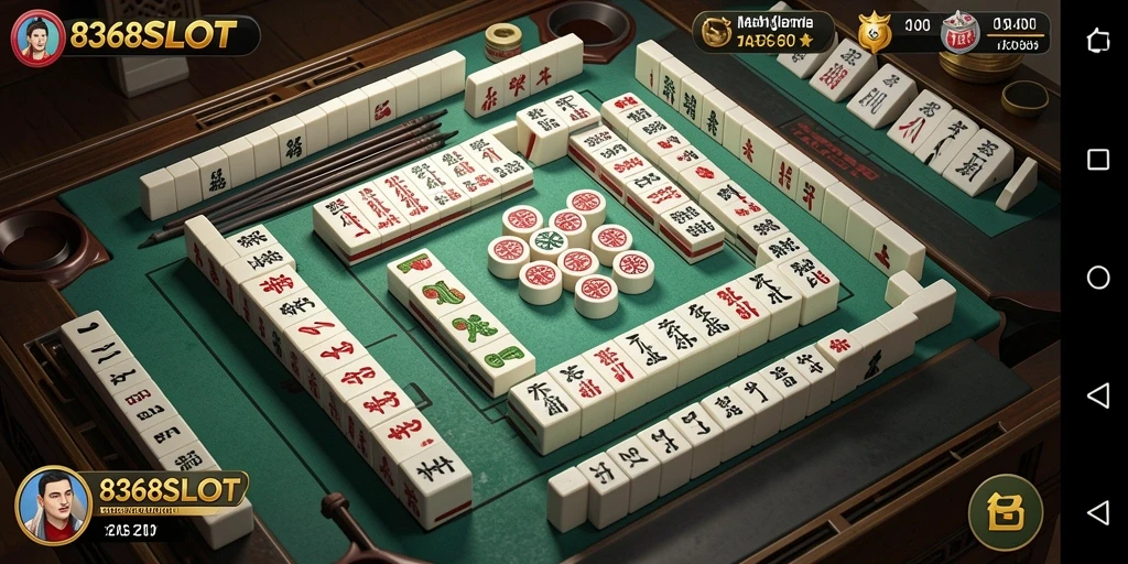 Screenshot gameplay 8368SLOT menampilkan papan Mahjong yang penuh warna.