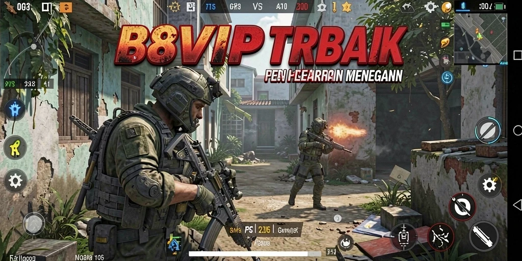 Screenshot B8VIP menunjukkan aksi intens dalam pertempuran FPS.