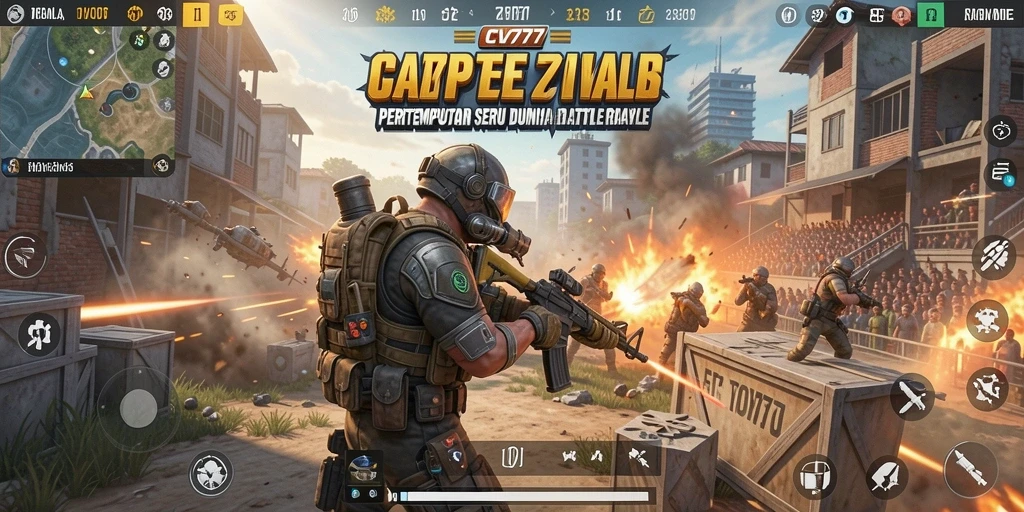 Screenshot gameplay CV777 menampilkan pertarungan intens dalam Battle Royale.