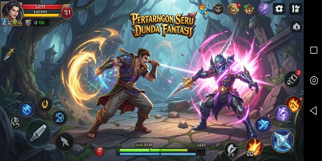 Tampilan gameplay dinamis dalam LG111 dengan pertarungan epik dan karakter beragam.
