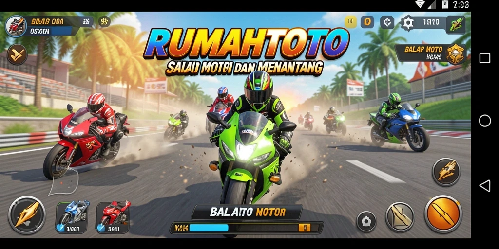 Tampilan gameplay RUMAHTOTO dengan aksi balap yang mendebarkan.